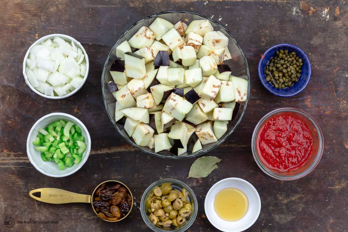 ingredients: eggplant, tomato, celery, capers, onions, honey, olives, raisins etc.