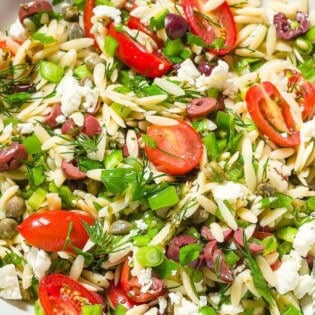 Orzo salad in a bowl.