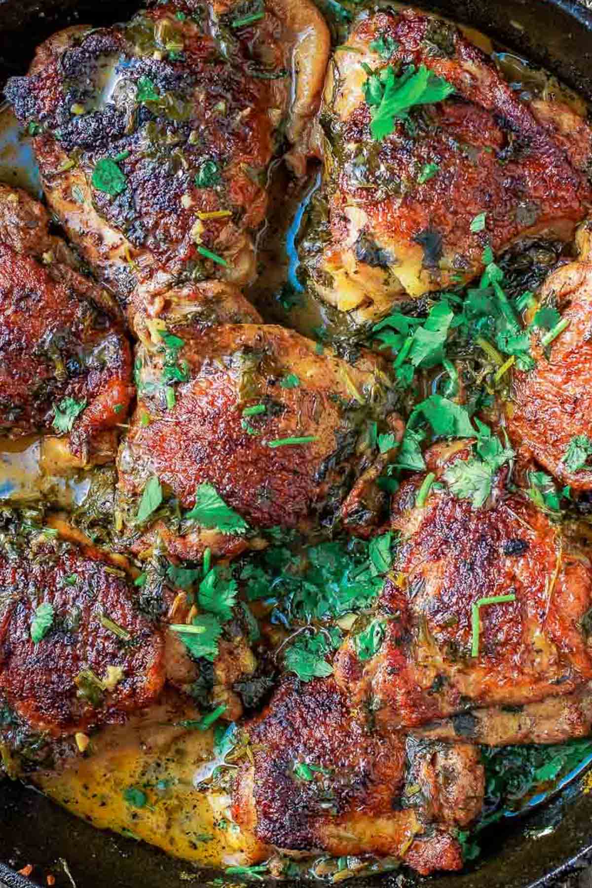 Overhead shot of cilantro lime chicken thighs in a cast iron skillet with fresh cilantro on top.