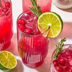 Several glasses of cranberry mocktail garnished with rosemary, cranberries and lime. Next to these are more limes and cranberries.