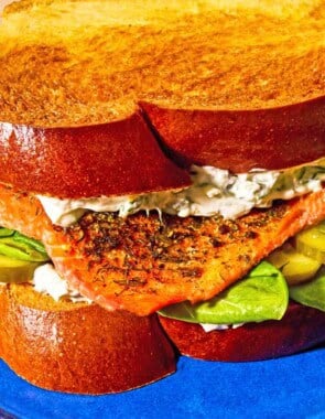 A close up of a salmon sandwich on a plate.
