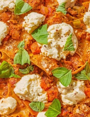 A close up of skillet lasagna.