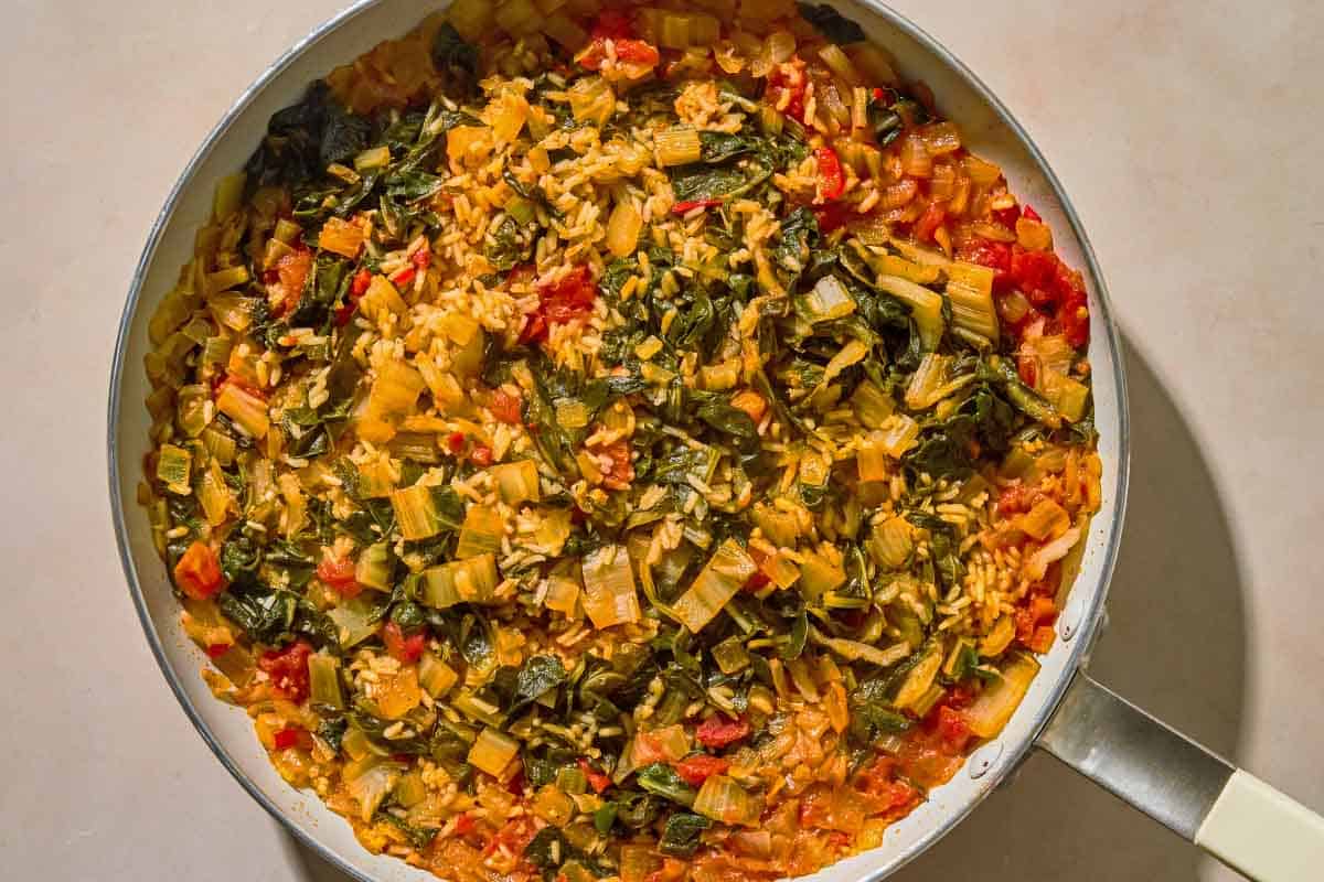 Swiss chard in a skillet.